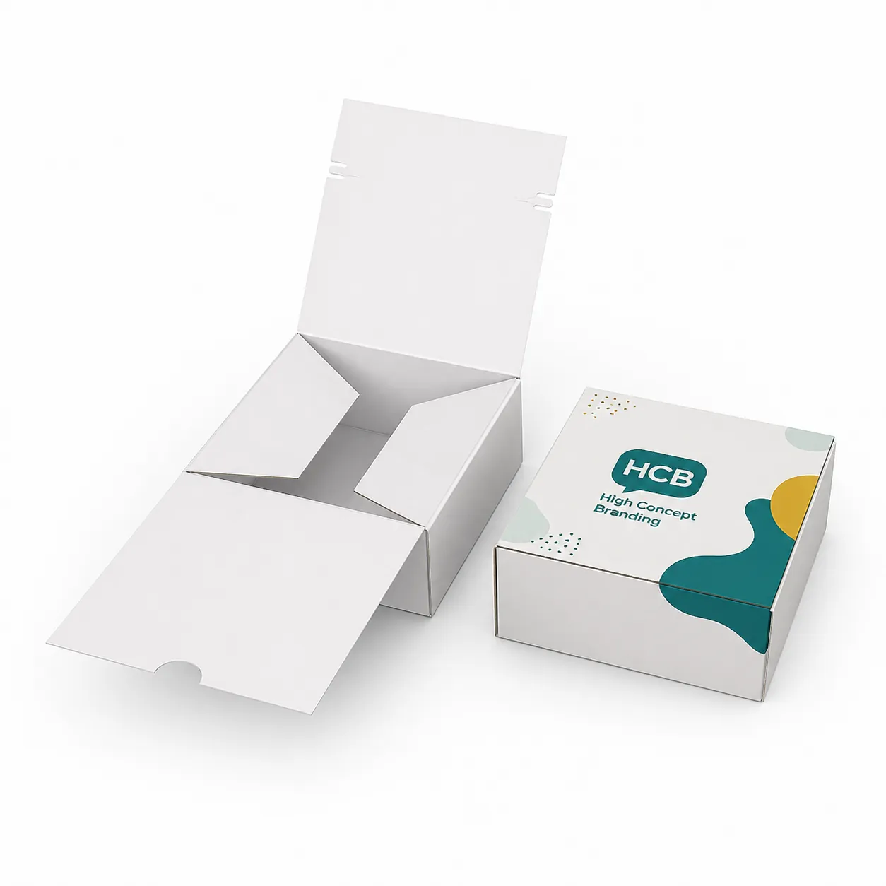 Flat-folding white and branded teal self-locking cardboard boxes designed for efficient storage and secure retail packaging. class=